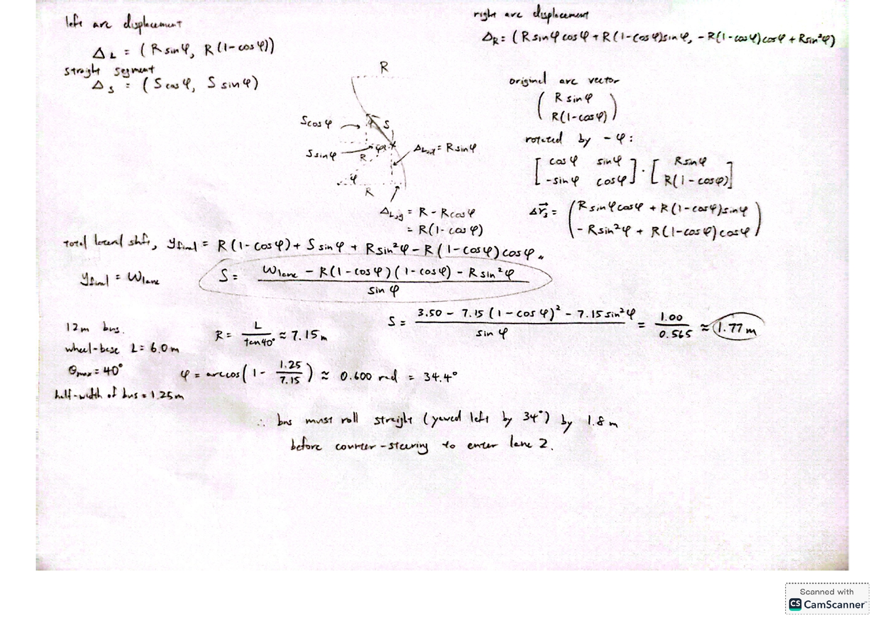 S-curve lane-change calculation diagram for a 12 meter bus
